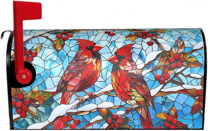 Giwawa Winter Cardinal Bird Mailbox Covers Red Birds on Holly Berry Branches Snow Mail Box Cover Magnetic Standard Size 18 x 21 Stained Glass Christmas Mailbox Wrap Holiday Mailbox Xmas Decorations
