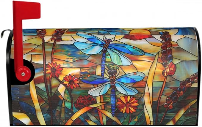 Stained Glass Dragonfly Mailbox Covers Magnetic Fall Mail Box Post Wrap Standard Size 18 X 21 Floral Spring Summer Mailing Boxes Seasonal Decorations for Autumn Thanksgiving Decor