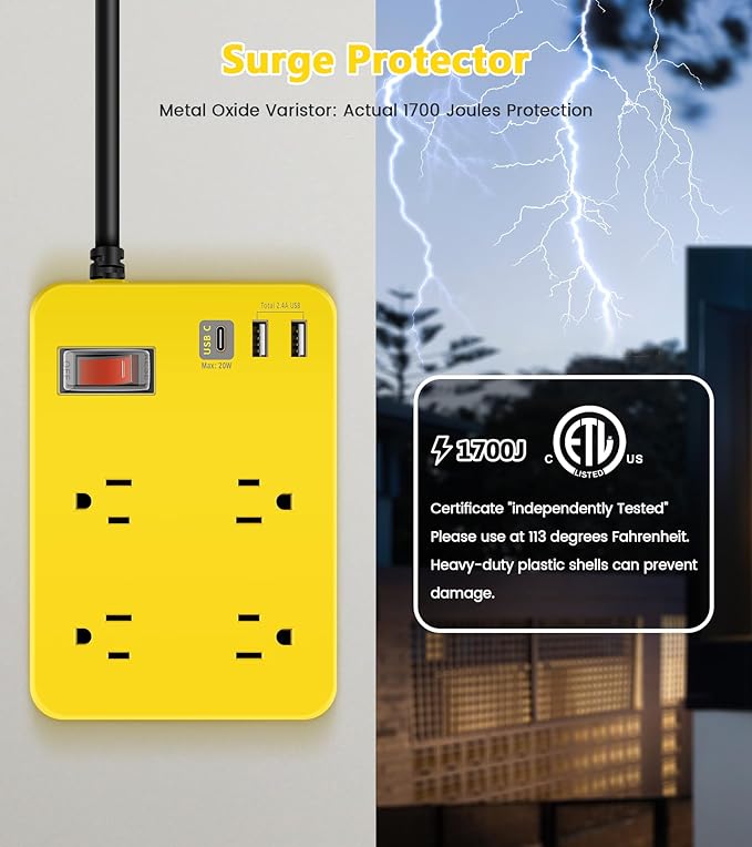 Outdoor Power Strip Weatherproof,Fast Charging Station 20W USB C,Waterproof Surge Protector 4 Outlets, Multi Outlet Extension for Camping, Garden, Kitchen,Bathroom,Flat Plug (Yellow, 6 FT Cable)
