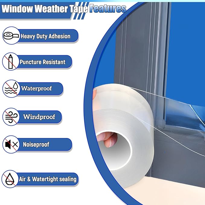 Window Weather Sealing Tape 2 Inch x 16.5 FT Weather Stripping Residue-Free Clear Window Insulation Caulk Tape for Doors Windows and Shower Glass Gaps Bathroom