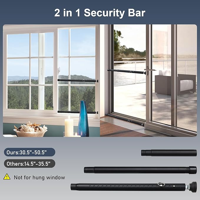 DIIG Sliding Door Security Bar 2packs, 17.7-50.5inch Adjustable Locking Window Safety Bar with Rubber Tips,Diameter 1inch Window Security Bar for Home Apartment (Black 2Packs)