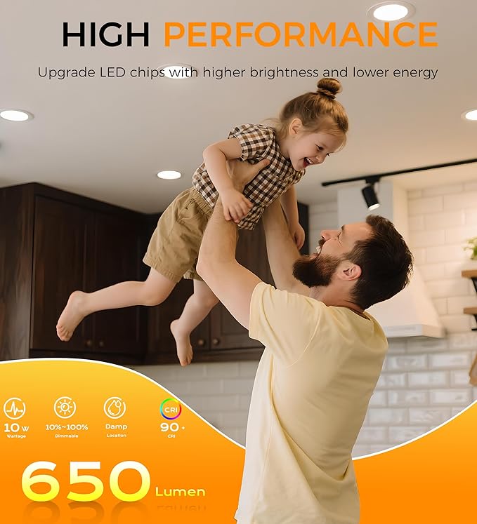 CLOUDY BAY 6 Pack 4 Inch 5CCT Ultra-Thin LED Recessed Ceiling Light with Junction Box,2700K/3000K/3500K/4000K/5000K Selectable,10W Dimmable Canless Wafer Downlight,White,650LM High Brightness