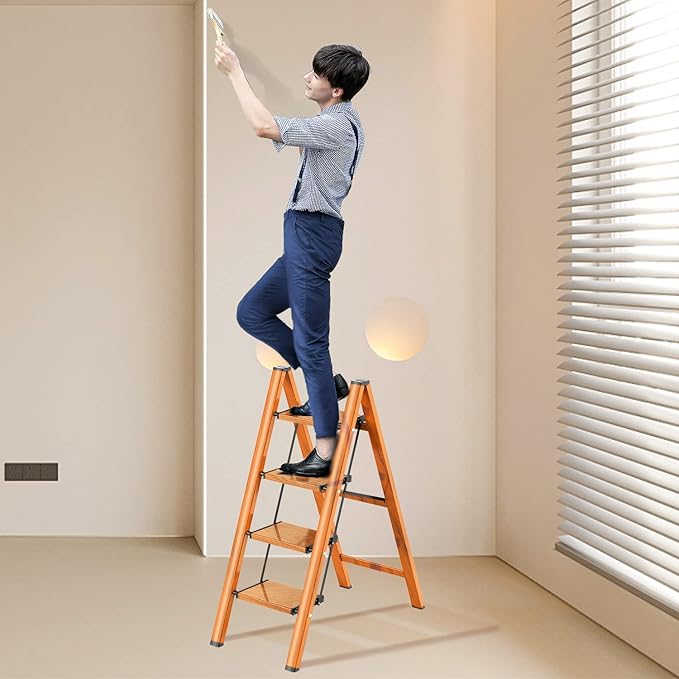 GameGem 4 Step Ladder, Aluminum Folding Step Stool with Anti-Slip Sturdy and Wide Pedal, Lightweight Portable Stepladder for Home and Kitchen Use, Woodgrain, 330 lbs