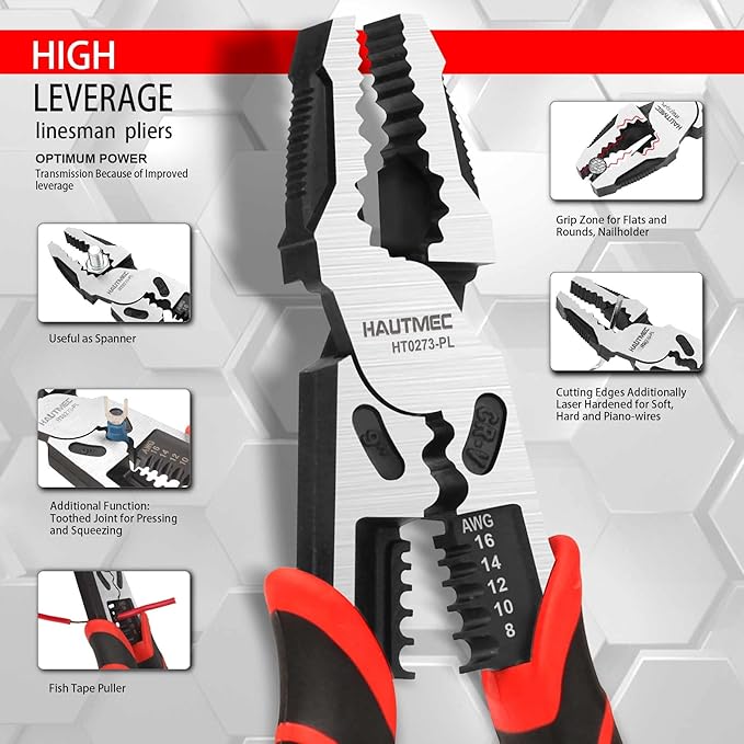 HAUTMEC 9" Linesman Pliers,High Leverage Combination Pliers 4 in 1 Multifunctional Heavy Duty Lineman Tools HT0273-PL