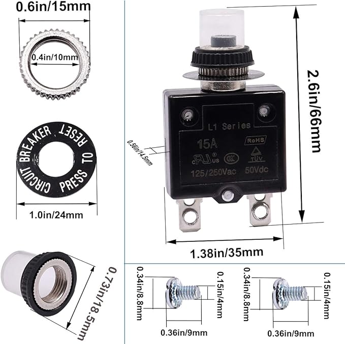 mxuteuk 2Pcs 20Amp Circuit Breakers Push Button Manual Reset 125/250V AC 50V DC, L1 Series Overload Protector Switch Thermal Circuit Breakers with Waterproof Button Caps L1-ls-20A
