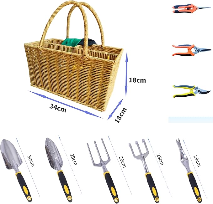 Gardening Tool Set, Equipped with Rattan Storage Basket, 5 Aluminum Alloy Hand Tools, and 3 Stainless Steel Scissors, is a Wonderful Gift for Gardening Enthusiasts.