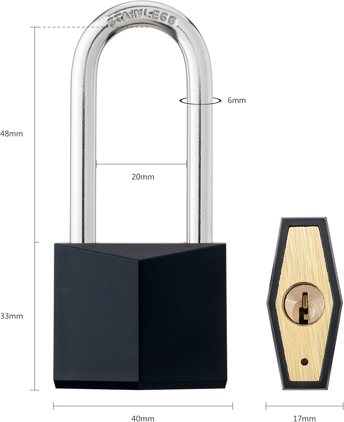 6-Pack Keyed Alike Locks, Black Covered Brass Keyed Padlock with Stainless Steel Long Shackle, 1-9/16 Inch Lock Body, Rustproof Locks for Gate Fence Hasp Cabinet Toolbox Gym or School Locker