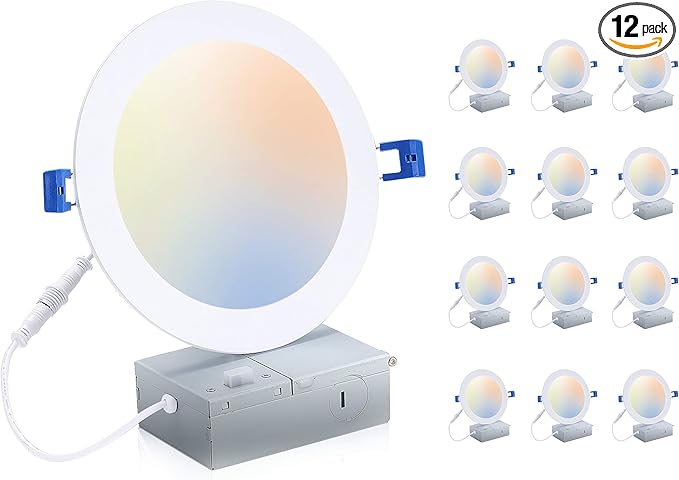 CLOUDY BAY 6 inch 3000K/ 4000K/ 5000K Three Color Temperature Selectable, Dimmable 15W CRI 90+, Ultra Thin LED Recessed Light with Junction Box, Canless Wafer Downlight, Damp Location,White, 12 Pack