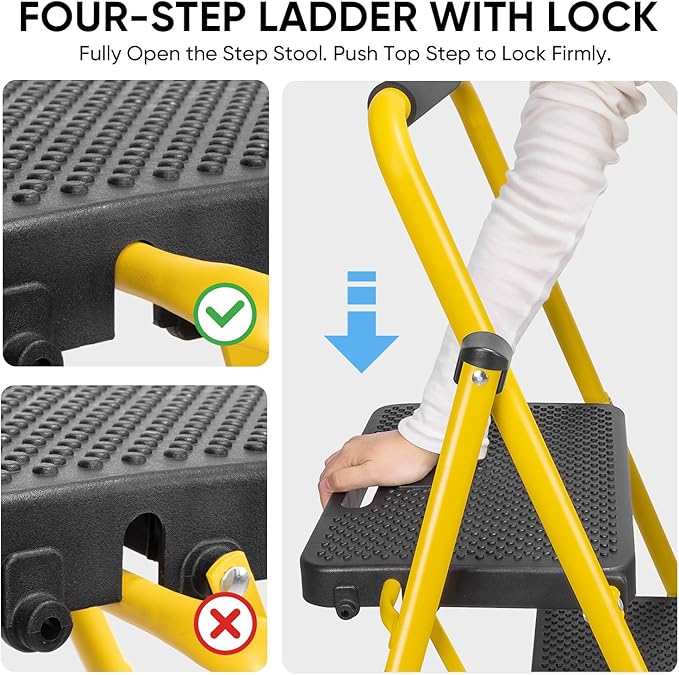 TICONN 4 Step Ladder, Heavy Duty Foldable Step Stool, Portable Steel Folding Stool for Household Garage Storage (Yellow)