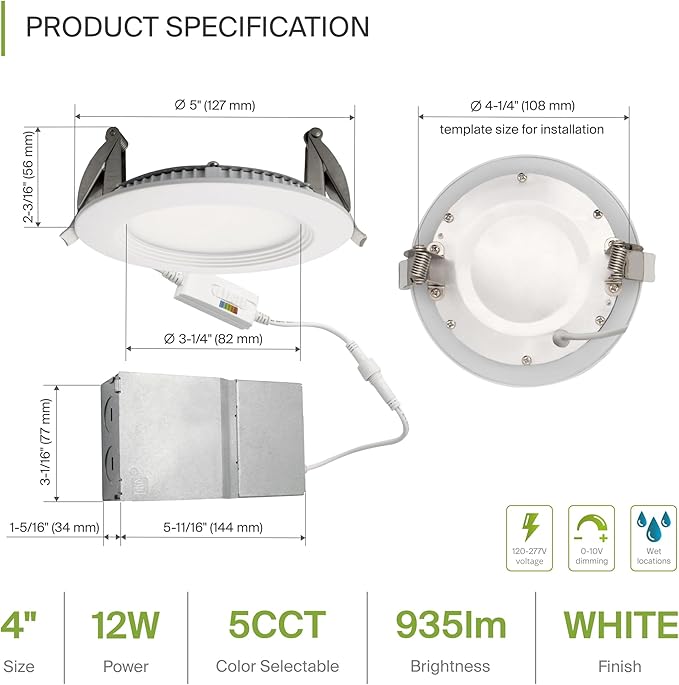 ASD LED Recessed Lighting 4 Inch, Round Commercial Downlight, Mini Panel with Baffle Trim, 4" 12W 120-277V CCT Selectable 2700/3000/3500/4000/5000K, Dimmable Ceiling Light Fixture, White, ETL