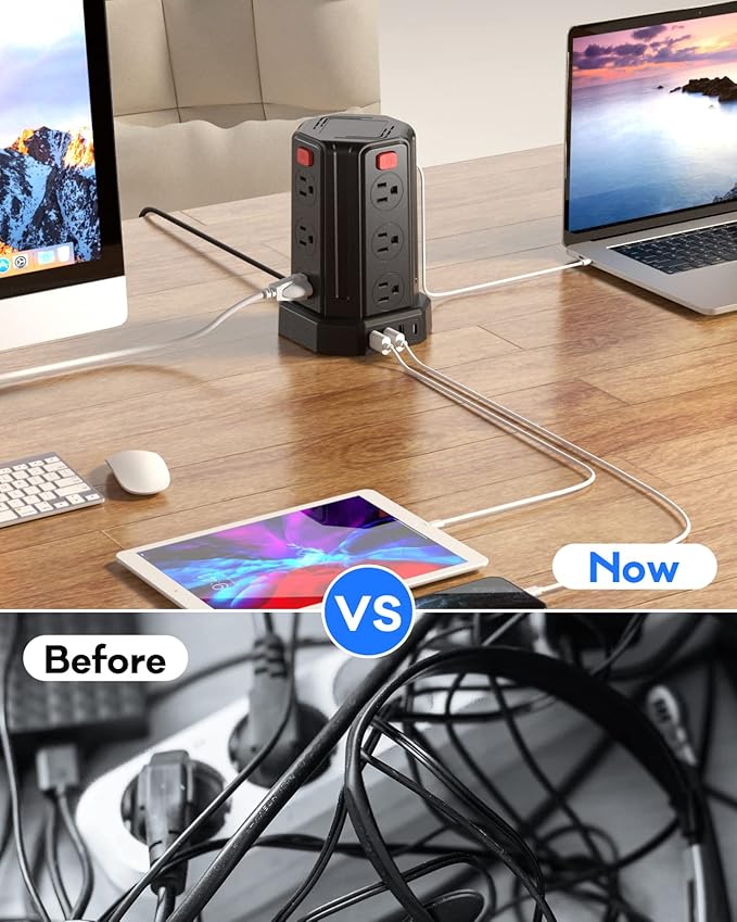 Power Strip Surge Protector, 10 Ft Extension Cord with 12 AC Multiple Outlets 4 USB (1 USB C), SMALLRT Power Tower Desktop Charging Station (Black, 16.4 FT)