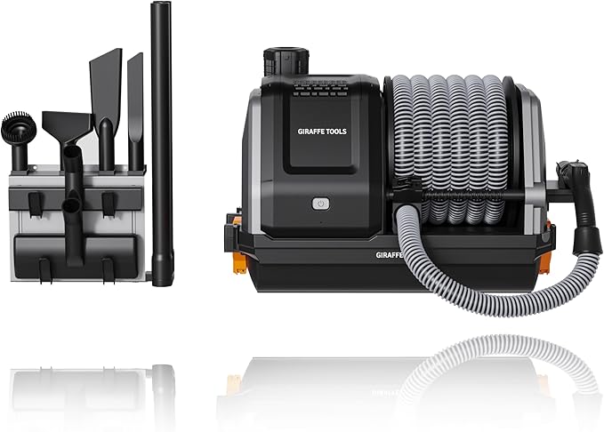 Giraffe Tools Grandstorm Retractable Vacuum Cleaner with 30 FT+ 1 FT Hose Wall Mounted, Wet Dry Vacuum Cleaner with 6 Nozzles for Car Detailing Normal Version, Grey (No Remote Control Funtion)