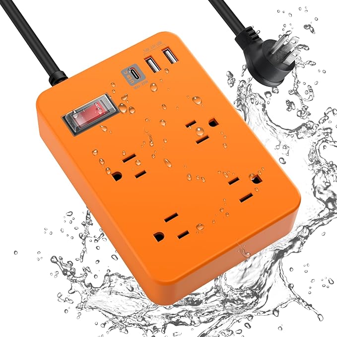 Outdoor Power Strip Weatherproof,Fast Charging Station 20W USB C,Waterproof Surge Protector 4 Outlets, Multi Outlet Extension for Camping, Garden, Kitchen,Bathroom,Flat Plug (Orange, 10 FT Cable)