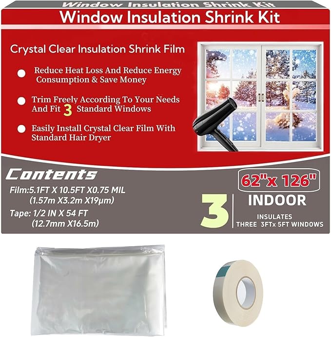 Indoor Window Insulation Kit, Clear Window Film for Heat and Cold (3 Windows (62x126 in))