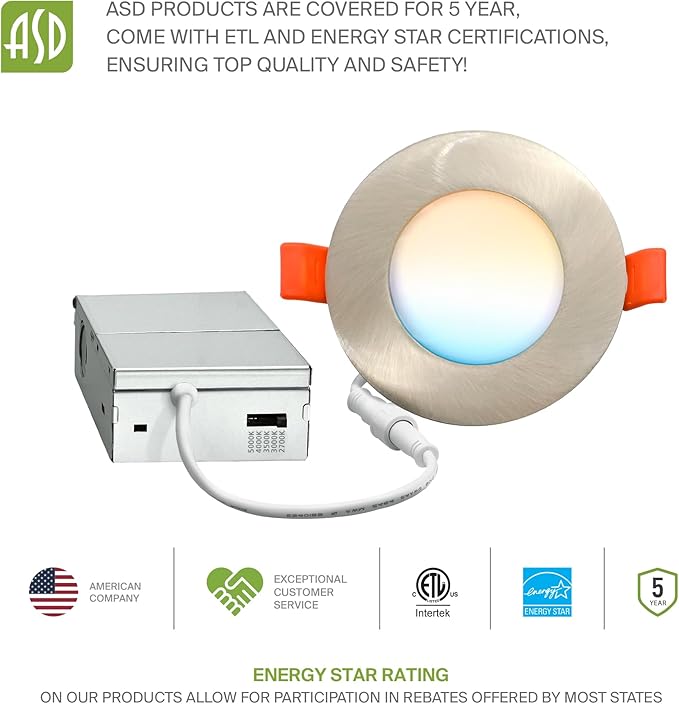 ASD 6 Pack 3 Inch LED Recessed Light 6W, 5 CCT 2700K-5000K CRI90+, IC Rated Ultra Thin Dimmable Ceiling Lights with J Box, Canless Wafer Downlight, Round Slim Panel Lighting, Energy Star ETL, Nickel