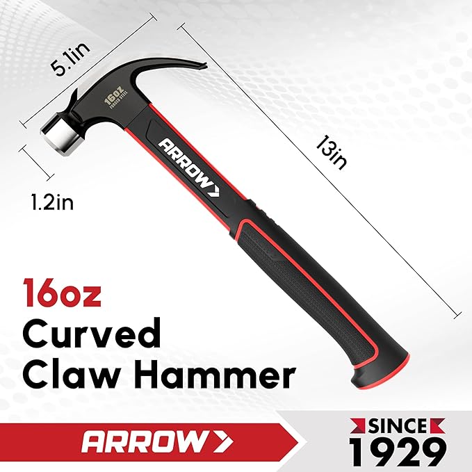 ARROW 16oz Claw Hammer with Shock-Absorbing Fiberglass Handle, Smooth Face and Forged Steel Head, Curved Claw Hammer for Carpentry and General Purpose