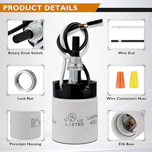 UL Listed Porcelain E26 Lamp Socket with 6'' Wire Lead, High Temp Resistant, Rotary Knob ON/Off Switch with 2 Wire Connectors Nuts for DIY Table Lamp,Pendant Light Replacement (2)