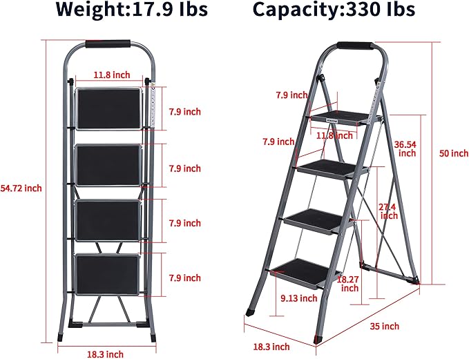 4-Step Ladders Folding Step Stool with Anti Slip Pedal and Handgrip Portable Sturdy Ladder for Home & Office 330 Lbs Silver Grey