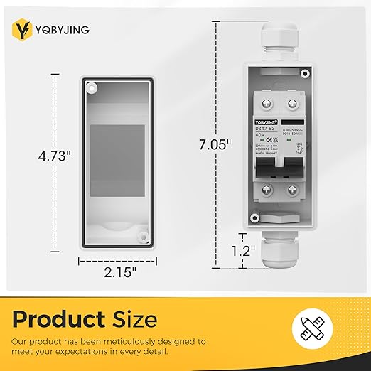 DC Solar Panel Disconnect Switch 40 Amp AC Miniature Circuit Breaker Box 500V 2 Poles with IP65 Waterproof UV-Proof Box for Outdoor Solar PV Homes Battery