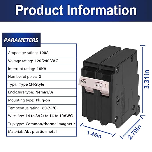 100 Amp 2-Pole Circuit Breaker, Type 3/4-Inch Plug-On Molded Case Circuit Breaker, 120/240V, Thermal Magnetic, 10-Yr Warranty