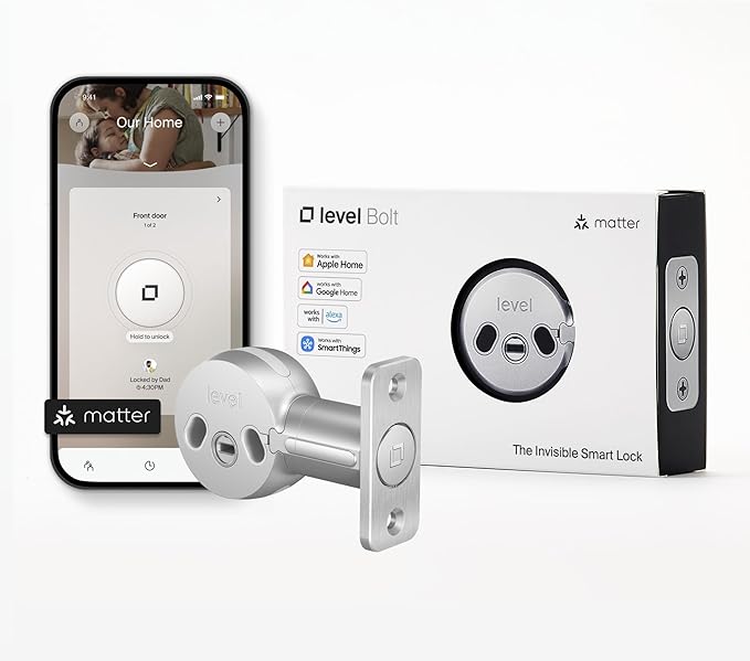 Level Bolt (Matter) Smart Deadbolt – Make Your Lock Smart Without Changing Keys or Hardware – Matter-Over-Thread, Keyless Entry & Remote Access via Apple Home, Google Home, Alexa, and for SmartThings