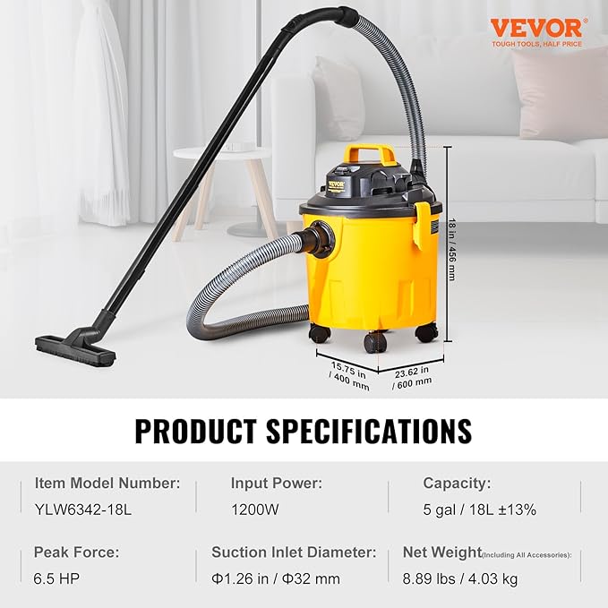 VEVOR Shop Vac Wet and Dry Vacuum Cleaner 5 Gallon 6 Peak HP - Powerful Suction with Blower Function & Attachments 2-in-1 Crevice Nozzle - Perfect for Car Carpet Debris Pet Hair Black/Yellow