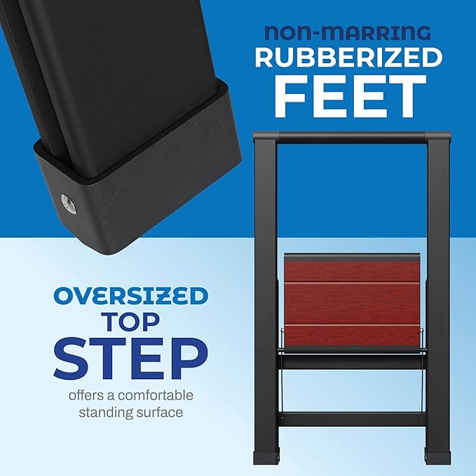 Step Ladder 1 Step Folding, Decorative - Beautiful Mahogany & Black Aluminum, Ultra Slim Profile, Anti Slip Steps, Sturdy-Portable for Home, Office, Kitchen, Photography Use,by SORFEY