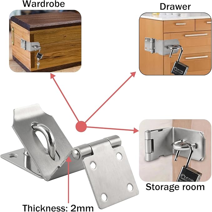 HOWDIA 4 Inch Door Lock Latch Padlock Hasp Set, 90 Degree Latch Lock with Screws and Padlock Stainless Steel Safety Right Angle Padlock Hasp Latch Security Door Clasp Hasp for Shed/Gate/Storage Lock