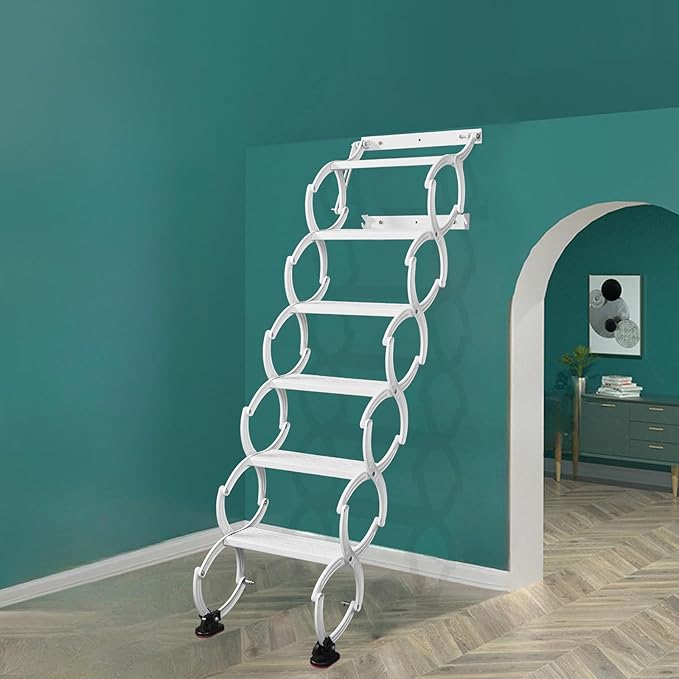 6 Steps Wall Mounted Attic Ladder, Indoor Attic Stairs Pull Down System, Metal Telescoping Step Ladders, Anti-Slip Retractable Folding Stair, Loft Extension Steps Staircase (White, 6 Steps)