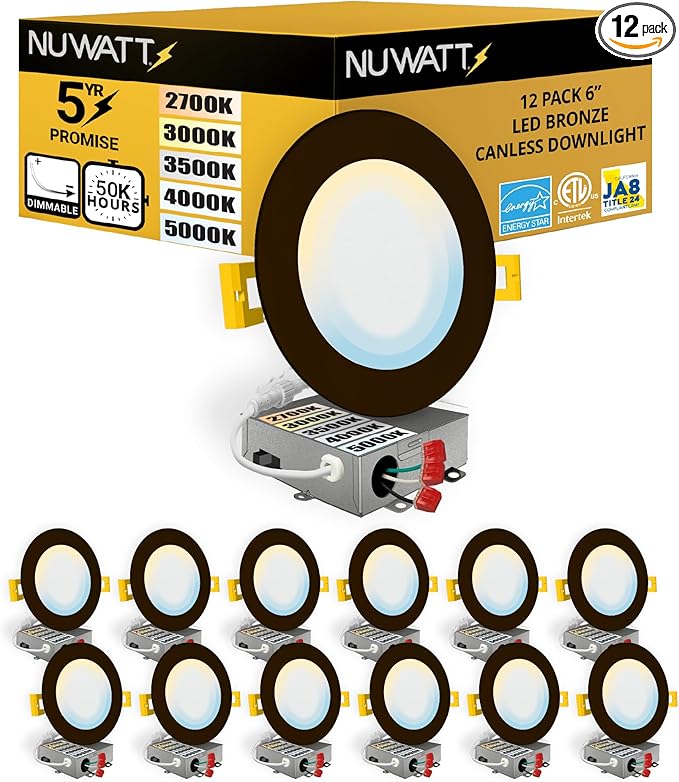 NUWATT 12 Pack 6 Inch Ultra-Thin Bronze LED Recessed Lighting, 5CCT 2700K/3000K/3500K/4000K/5000K Selectable, High Brightness 1050 Lumens, Dimmable Canless Slim Wafer Light, IC Rated, Metal J-Box, ETL