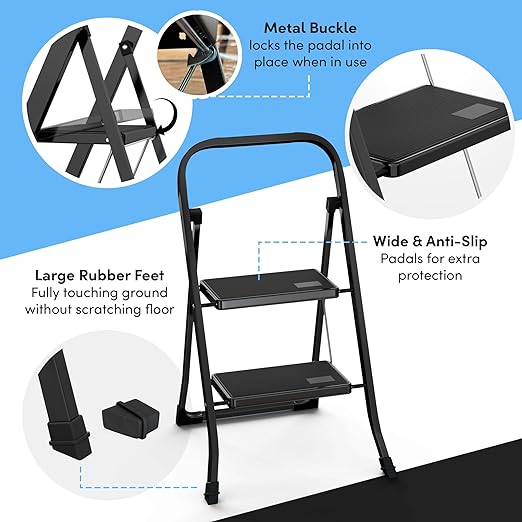 Lifetime Home 2-Step Ladder with Wide Anti-Slip Platform & Thick Rubber Feet - Lightweight Heavy Duty Foldable & Portable - 330 lbs Capacity, Steel Frame, Rubber Handgrip, Folding Step Stool - Black