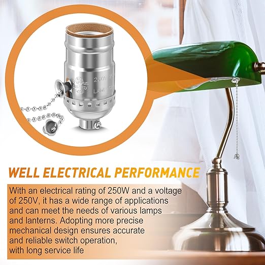 4 Pcs Pull Chain Lamp Socket Replacement, E26 Standard Threaded Base, Light Socket with Pull Chain, Lamp Parts for Repair (Silver)