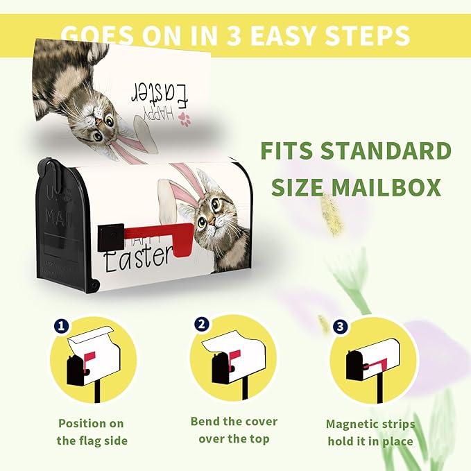 Happy Easter Mailbox Covers Magnetic Standard Size 21 x 18 Inch Easter Cat with Bunny Ears Mailbox Cover Post Box Wraps Decorations for Spring Garden Yard