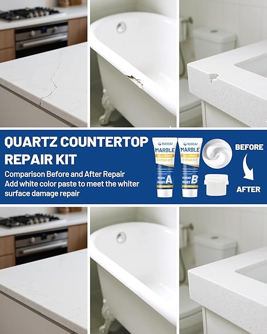 Marble and Granite Repair Kit (Color Match), 160g/5.64oz Quartz Countertop Repair Kit for Chips Holes Dents Defects Scratches Cracks, DIY Fix Reattaches Porcelain Tile Sink Stone Other Hard Surfaces