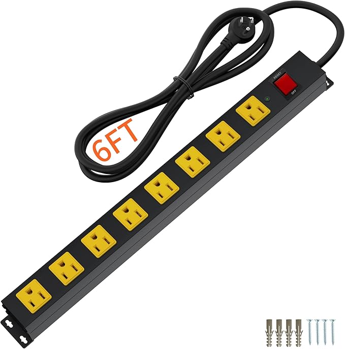 Heavy Duty Surge Protector 8 Outlet Long Power Strip Extension Cord Wide Spaced and Wall Mount Metal Powerstrip for Home Office Workshop Garage (6FT)