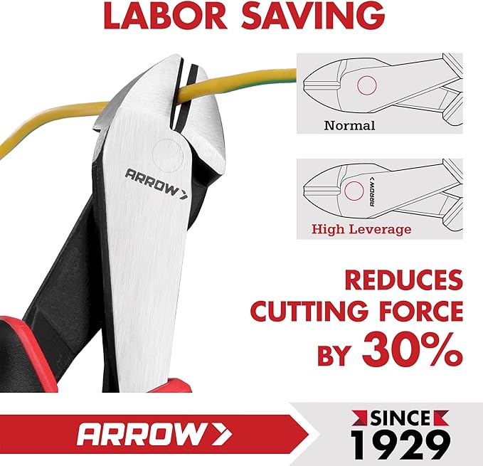 ARROW High Leverage Diagonal Pliers, 8 Inch Wire Cutters with Comfortable TPR Handle, High Carbon Steel Side Cutters for Cutting Wire