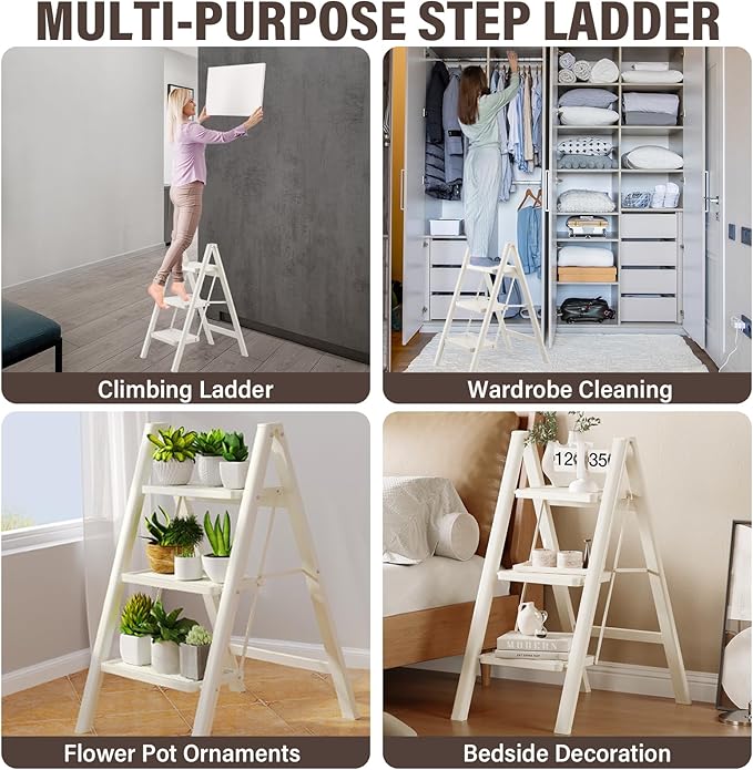 3 Step Ladder, Step Stool for Adults, Protable Carbon Steel Folding Stool with Wide Anti-Slip Wide Pedals, 330lbs Sturdy Steel Ladder for Household and Kitchen