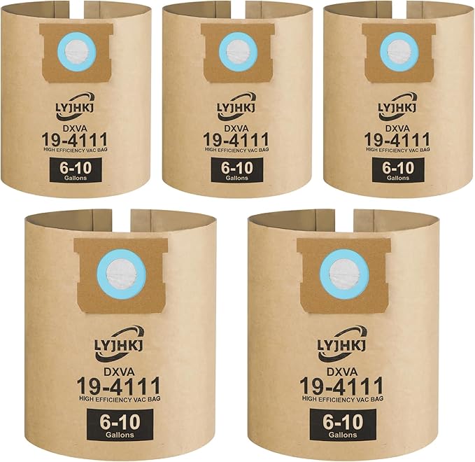 5 Pack DXVA19-4111, DXVA19-4101 Vacuum Bags for DEWALT 6 to 10 Gallon Wet/Dry Vacuum, Disposable Shop Vac Bags, Dust Collection Bag Replacement