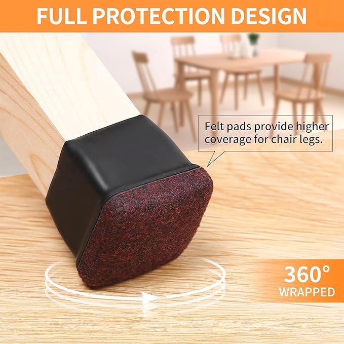 Ezprotekt 24 Pcs Black Square Chair Leg Floor Protectors with Felt, Silicone Felt Furniture Pads Cups for Hardwood Floor, Dining Table Leg Caps Covers No Scratches and Noise (M Fit: 0.75" - 1")