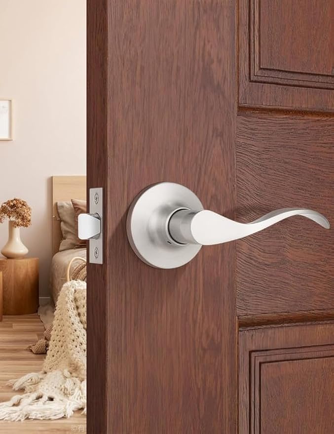 Mengico 1 Pack Satin Nickel Modern Interior Passage Door Knobs, Keyless Door Handle for Hallway & Closet, Wave Style Non-Locking Door Lever Reversible for Left & Right Handed