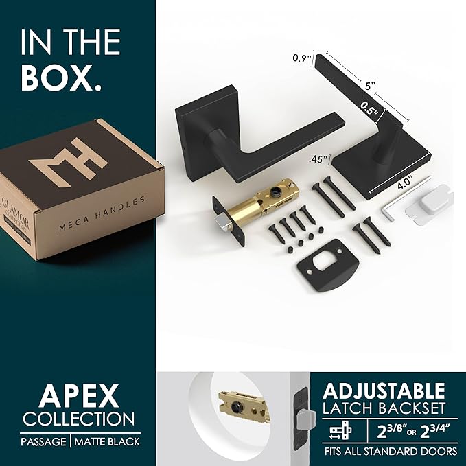 Mega Handles Apex Passage Door Handle - 1 Pack Reversible Black Door Handle, Heavy Duty No Lock Door Handles Interior for Closet & Hallway, Fits All Standard Door Sizes - Matte Black