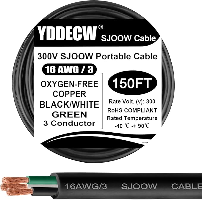150ft 16/3 16 AWG Portable Power Cable (3 Conductor) - SJOOW 300V 16 Gauge Electric Wire for Motor Leads, Portable Lights, Battery Chargers and Machinery - 3 Conductor - 150 Feet Electrical Cord
