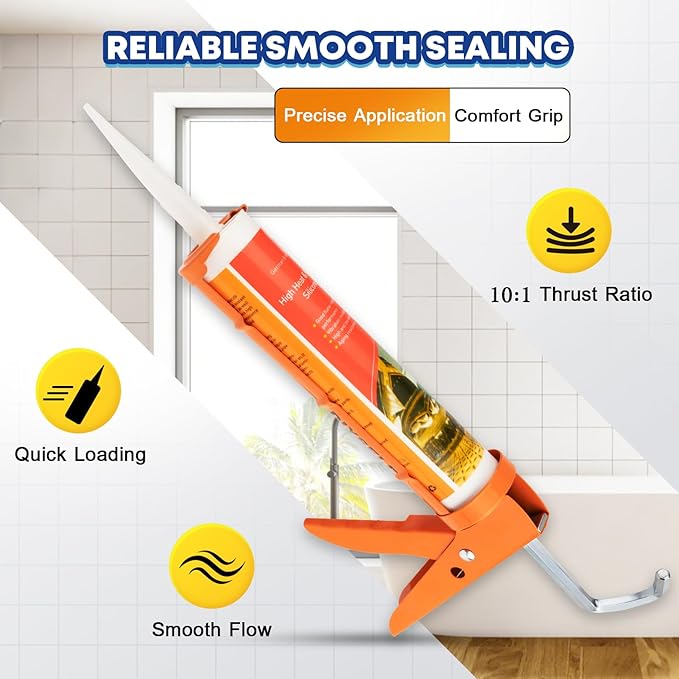DIYSELF-Caulk-Gun-Drip-Free, Hand Caulking Tool with Smooth Rod, Caulking Gun Fits 10 oz Tube, 10:1 Thrust Ratio Silicone Gun for Bathroom, Kitchen, Windows, Door Frames, Small Repairs (Orange)