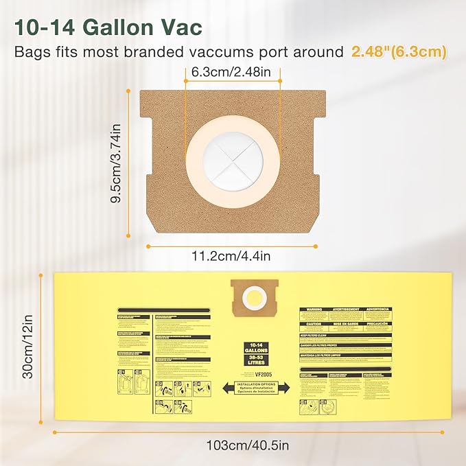 10PCS 10-14 Gallon Vacuum Bags for Shop Vac Bags, Disposable Wet Dry Vaccum Collection Bags Replace Part Type I #90672 9067200, Type F #90662 9066200 9066233, VF2005 (Yellow)
