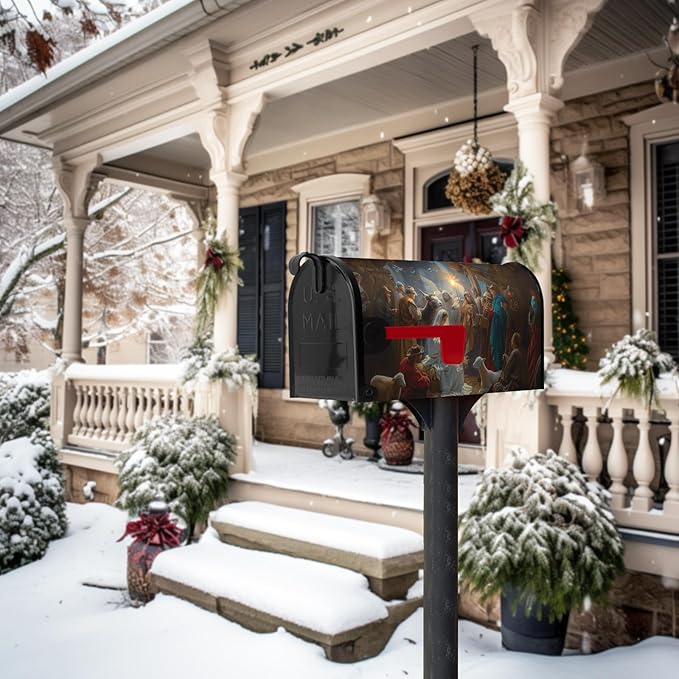 Christmas Nativity Mailbox Covers Magnetic Outdoor Decorations 25.5 X 21 Inch Large Size Vintage Winter Xmas Nativity Mailbox Wraps Post Letter Box Cover Oversized for Outside Garden Yard