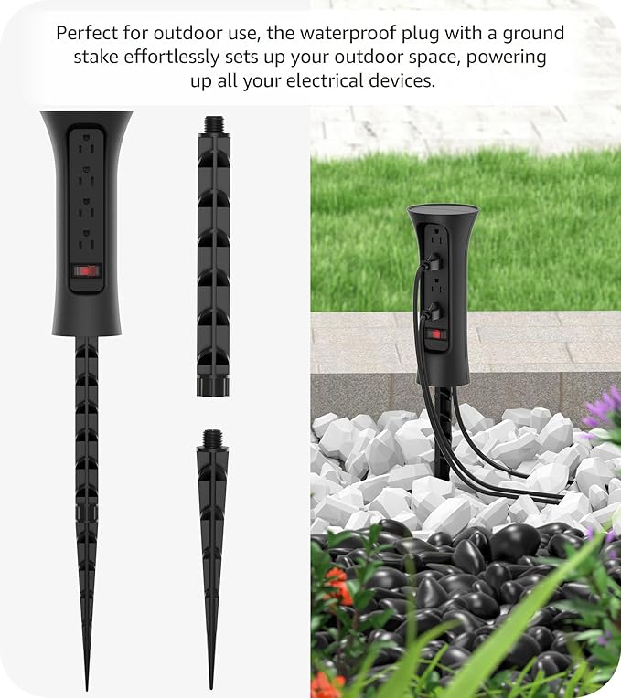 CCCEI Outdoor Power Strip Weatherproof with Stake, Waterproof Extension Cord with Multiple Outlets, Christmas Exterior Garden Decor, Yard, Camping, 4 Plugs, Surge Protector 10FT, Black.