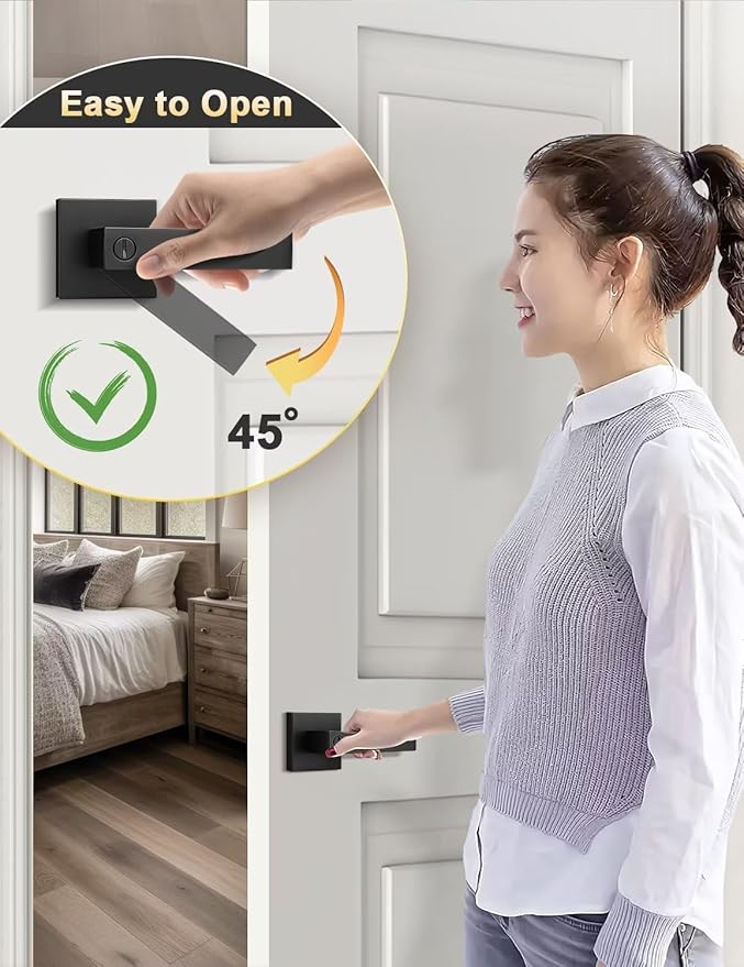 6 Pack Square Privacy Door Levers Locksets in Matte Black Finish, Bed/Bath Door Levers Keyless Interior Handles,Reversible for Left Right Handed Doors