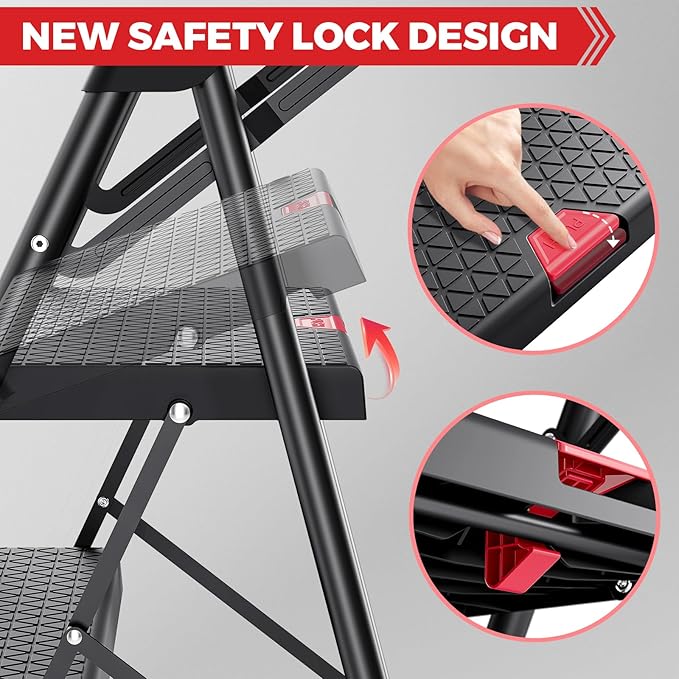 KINGRACK 5 Step Ladder, Folding Step Stool for Adult with Tool Platform, Handrails, Wide Anti-Slip Pedals, Pass 800lbs Load Testing, Portable Safety Step Stool for Home, Kitchen, Black