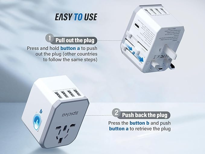 EPICKA Universal Travel Adapter, European Travel Plug Adapter - International Power Adapter Worldwide Charger with USB-C & 4 USB-A Ports, Travel Essentials for Italy, Japan, Europe, UK (TA-105, White)