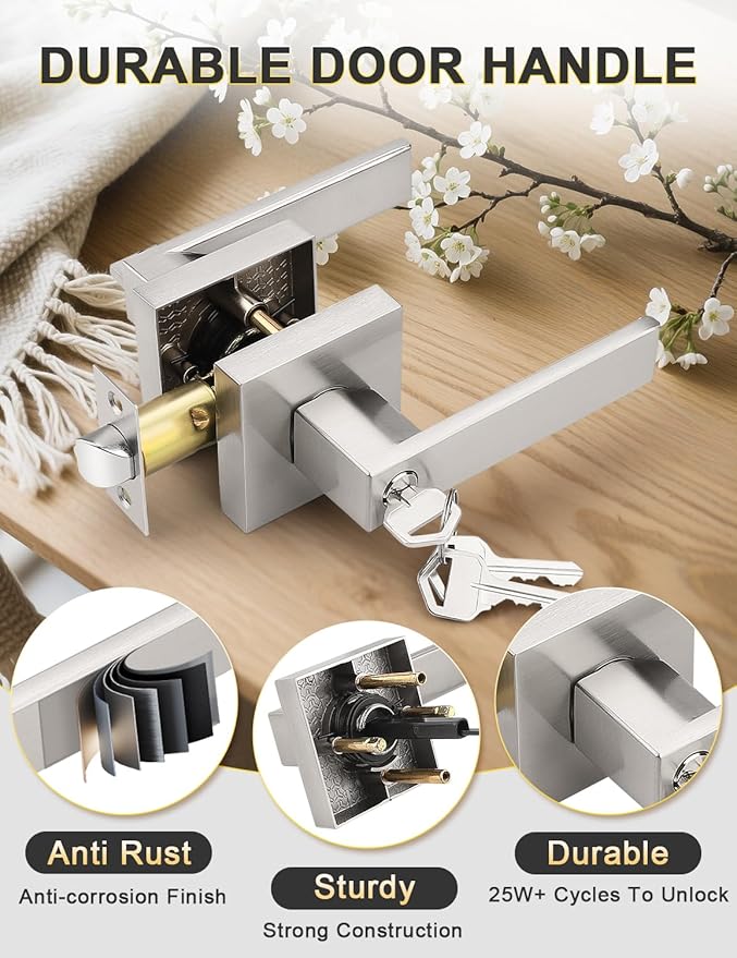 6 Pack Entry Door Levers with Lock and Key, Brushed Nickel Keyed Alike Lockset Combo Pack, Entrance Door Handles for Office and Front Door, Door Knobs Lockset (Each with 3 Keys)